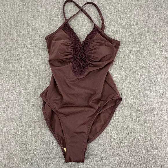 Newport News One Piece Swimsuit Chocolate Brown Lace V-Neckline Size 4 Nylon & L - Picture 1 of 12